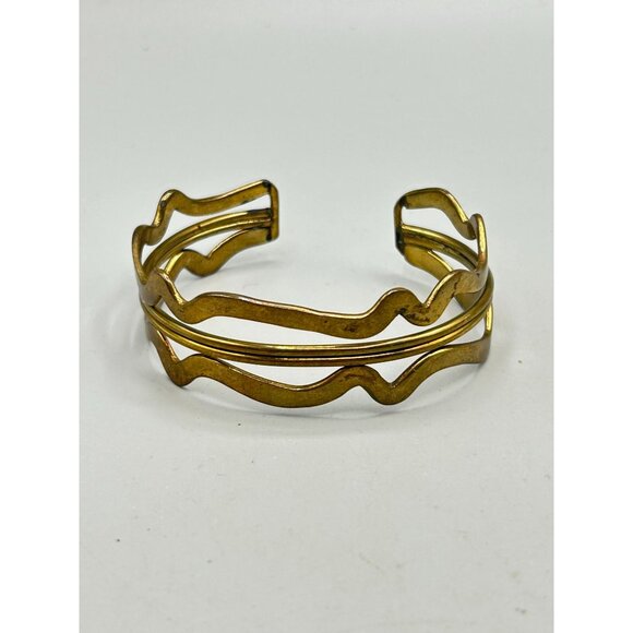 Brutalist Brass Wave Cuff Bracelet Irregular Hollow Handcrafted 70s Jewelry - Picture 3 of 9